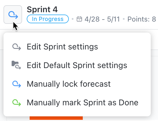 Screenshot of the settings available in the Sprint icon dropdown.
