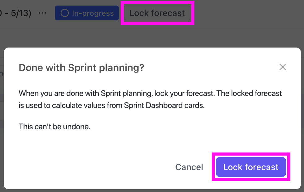 Screenshot of the Lock forecast button in the Sprint view.