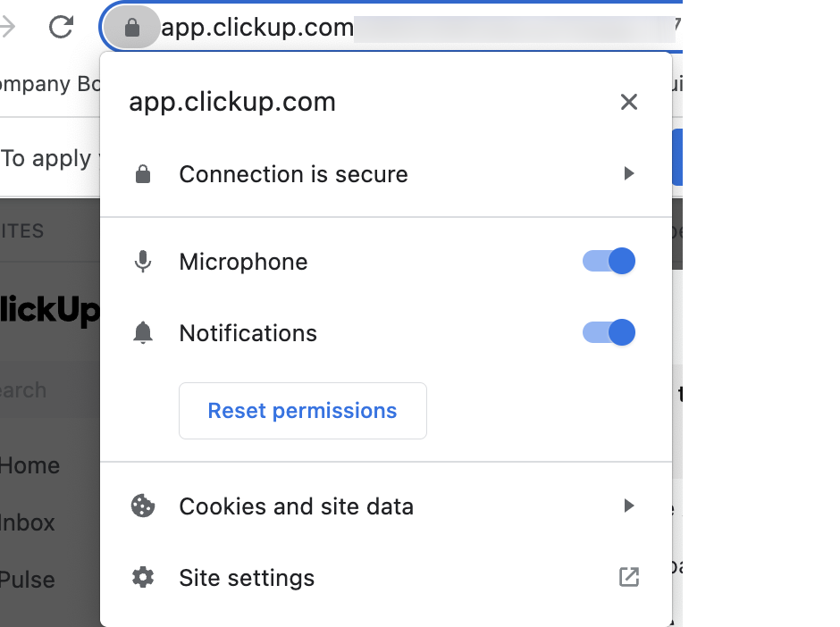 Screenshot of the 'reset permissions' button in Google Chrome settings.