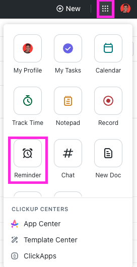 Screenshot of the reminder button in the Quick Action Menu in ClickUp 3.0.