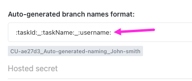 Screenshot of someone changing the auto-generated branch format.