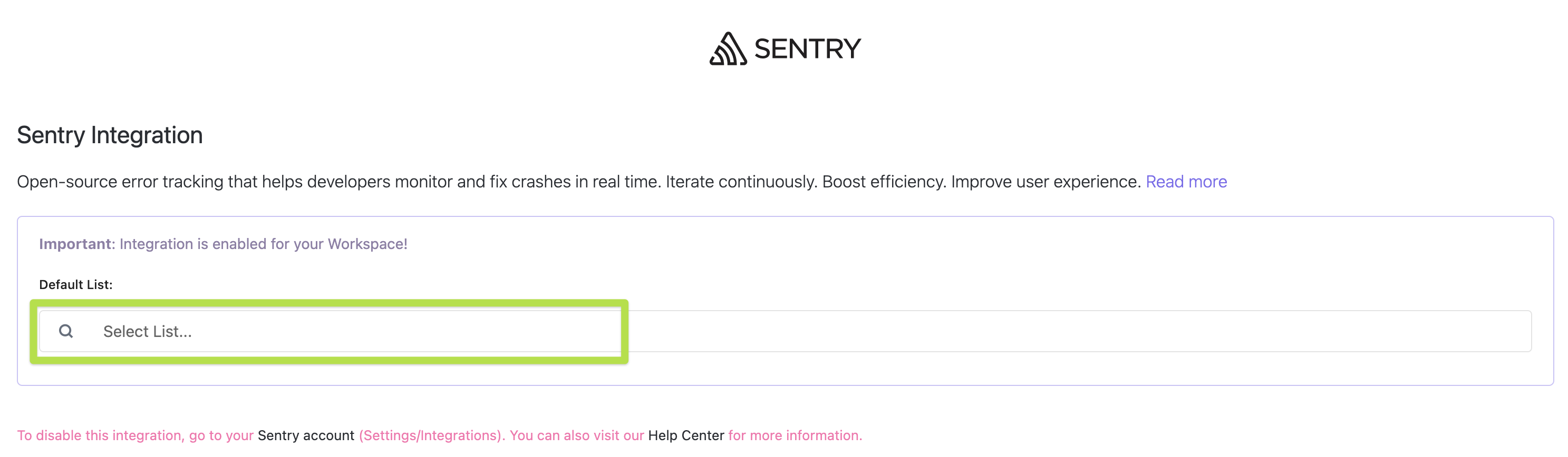 Screenshot of someone selecting a default List in Sentry.