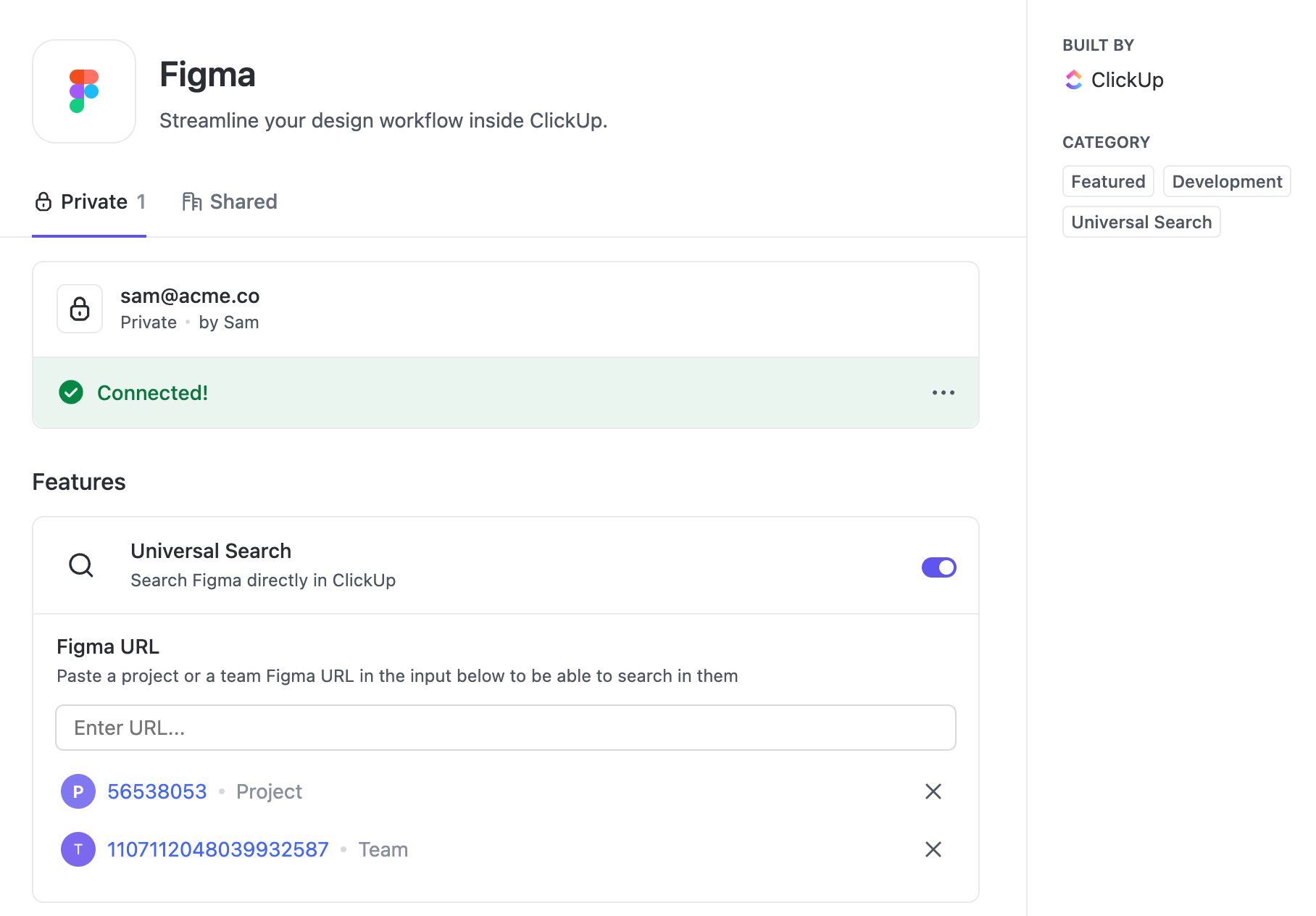 Screenshot of Universal Search and Figma with linked projects and teams.