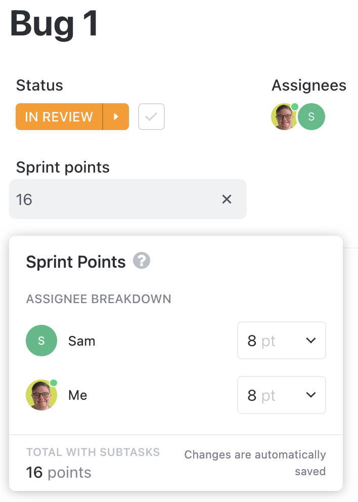 Screenshot showing how to change the points value in the Sprint Points modal.