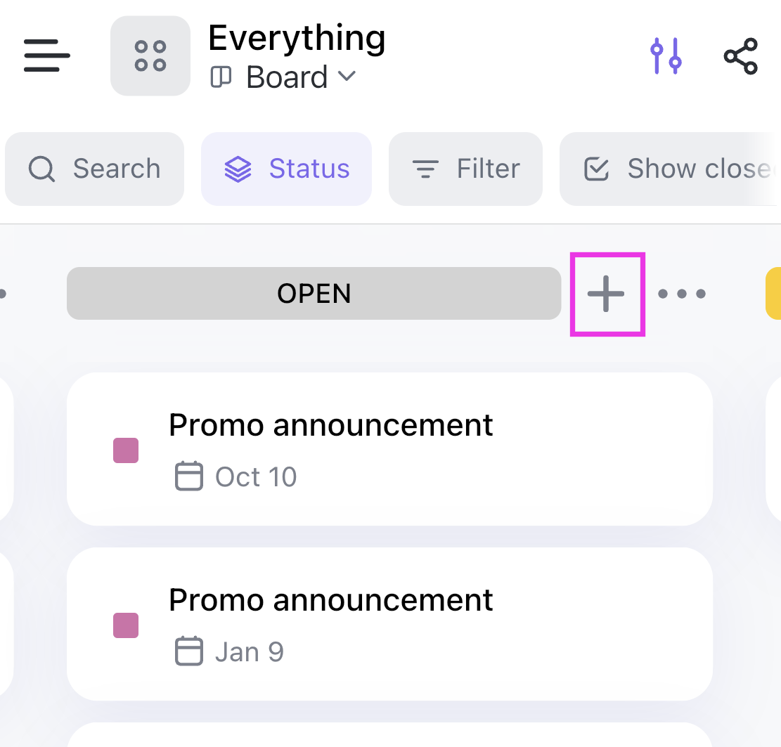 Screenshot of someone creating a task from Board view on mobile.