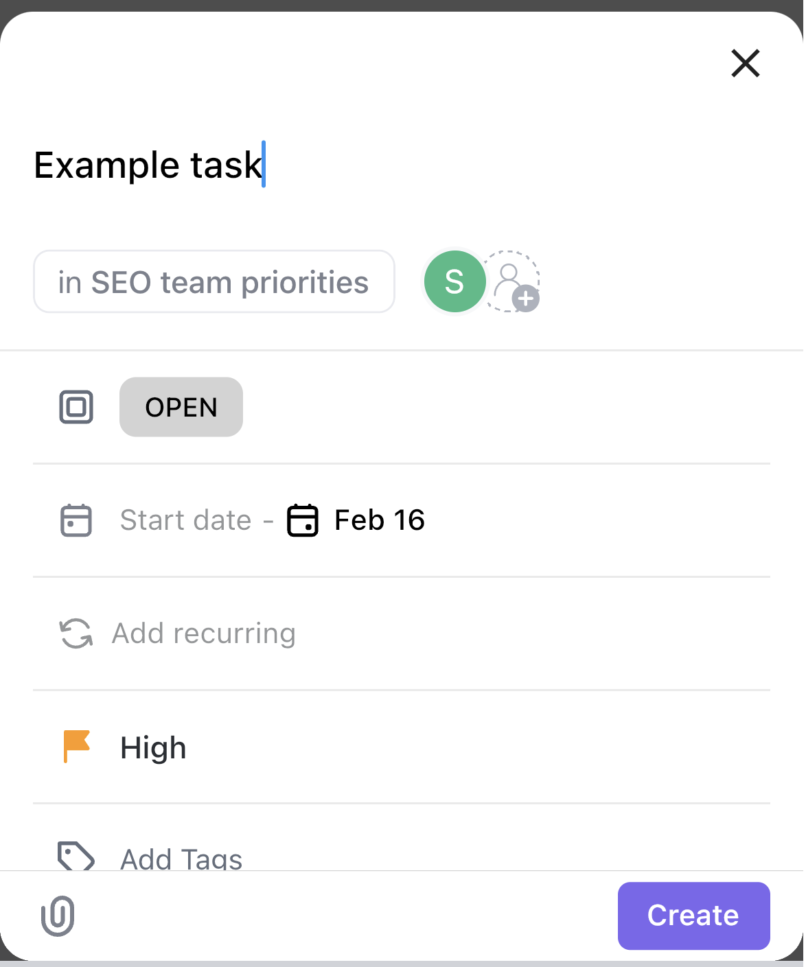 Screenshot of someone quick-creating a task on mobile.