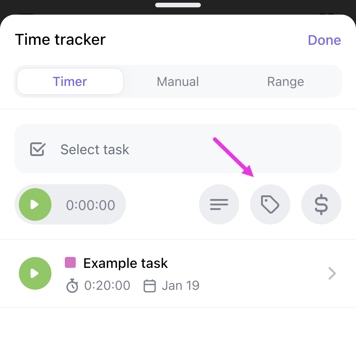 Screenshot of someone customizing a time tracking entry.