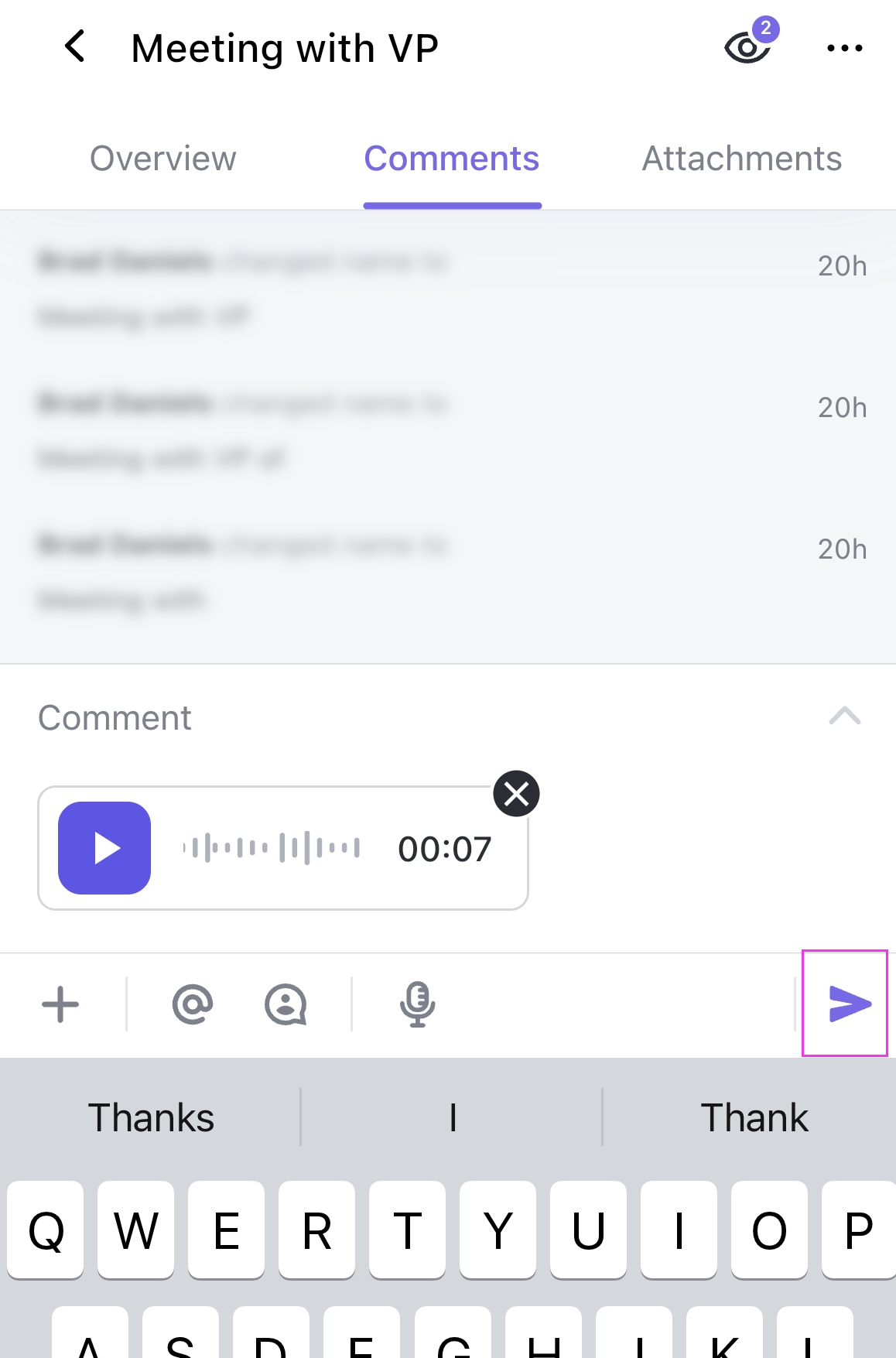 Screenshot of someone sending a Voice Clip on mobile.