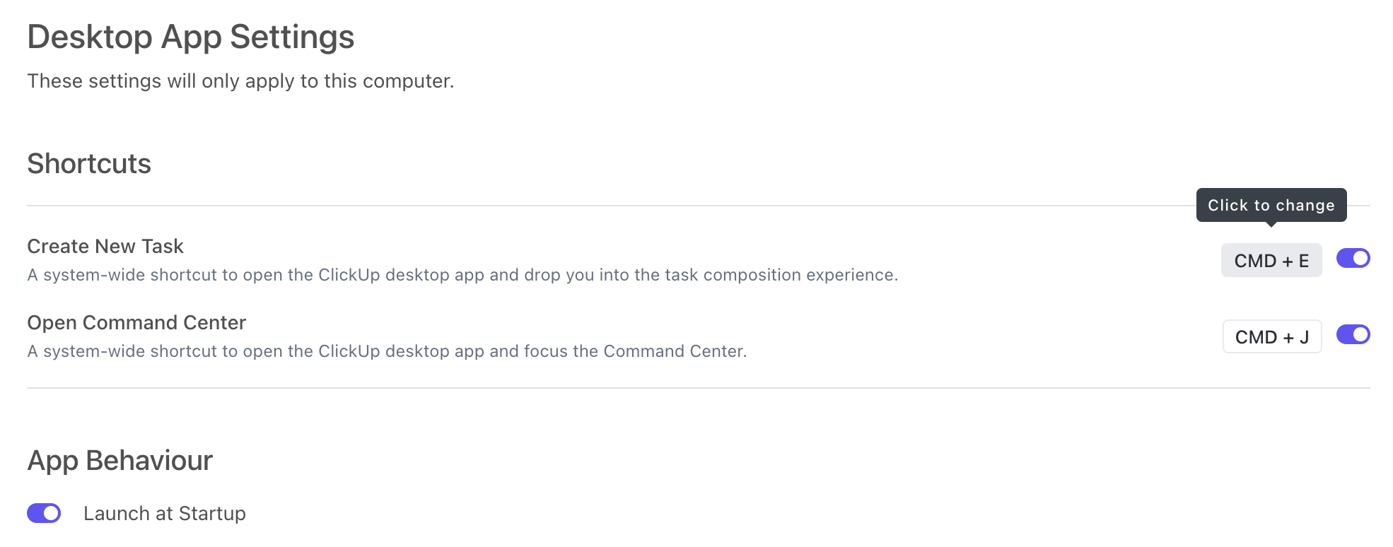 Screenshot of the default app settings for the ClickUp Desktop app.