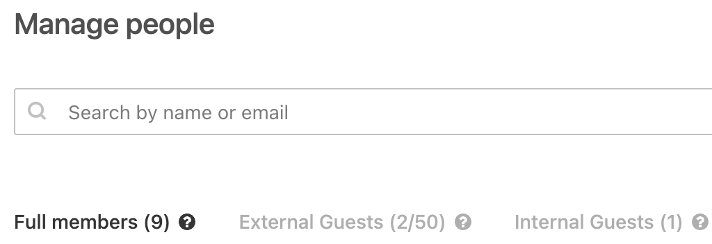 Screenshot showing the People page with the numbers of Full members, External guests, and Internal guests.