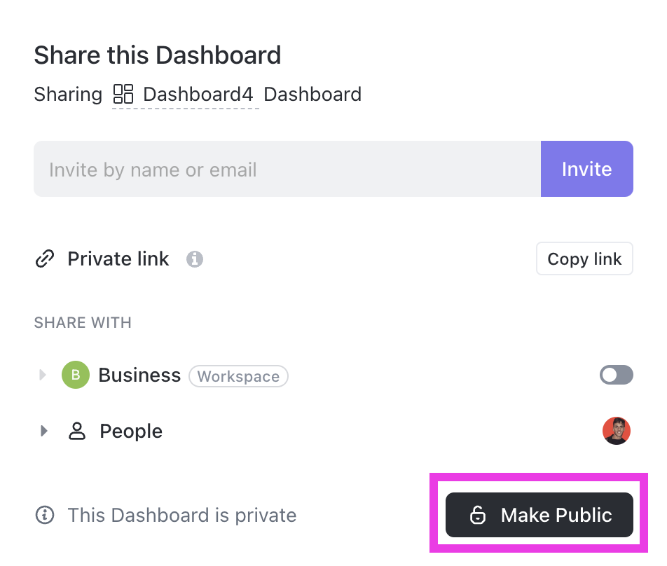 Screenshot der Schaltfläche „Öffentlich machen“ beim Teilen eines Dashboards.