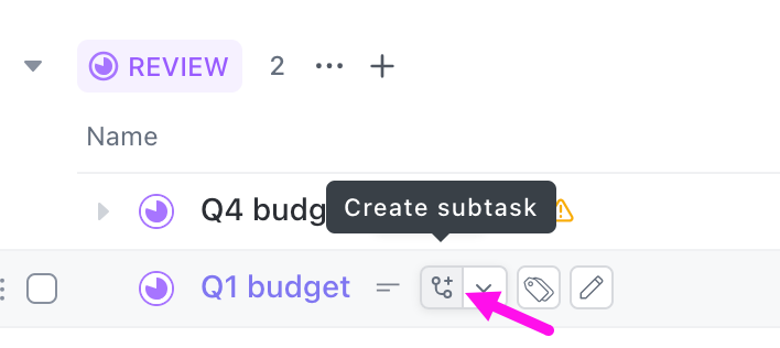 Image of the create subtask button in List view