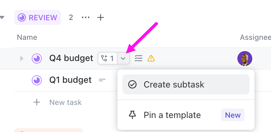 Image of create subtask button in List view when a subtask already exists