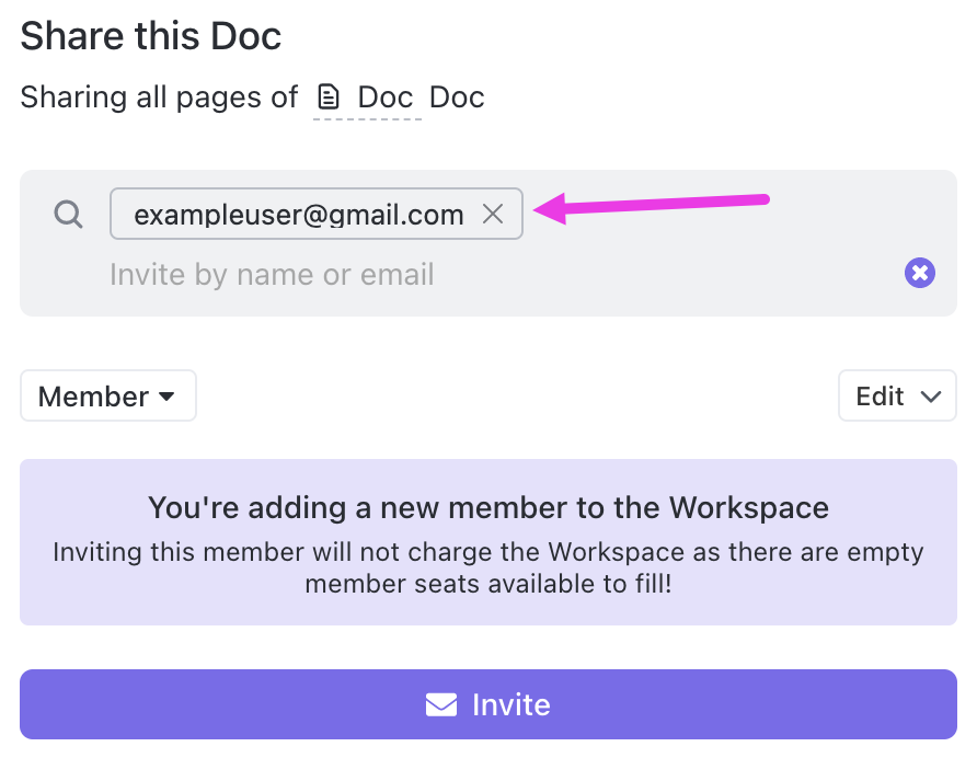 Screenshot of someone being invited to a Workspace via a Doc.