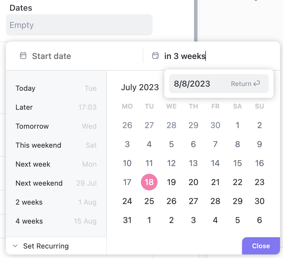 Screenshot setting a due date on a task.