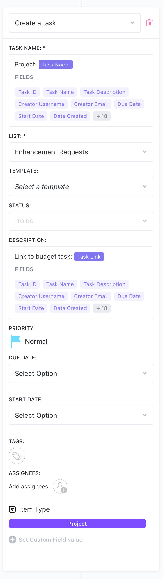 Screenshot of a create task Action.