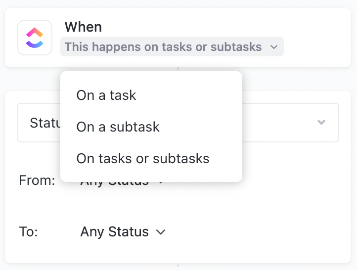 Screenshot of the option to Trigger Automations on tasks, subtasks, or both.