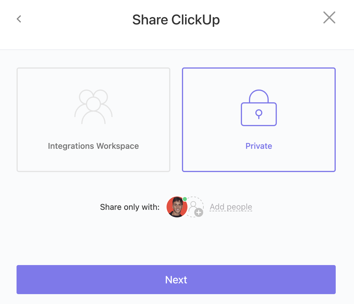 Screenshot of the Share ClickUp modal with the option to share the newly-created Space or with select people. The Private option is selected by default.