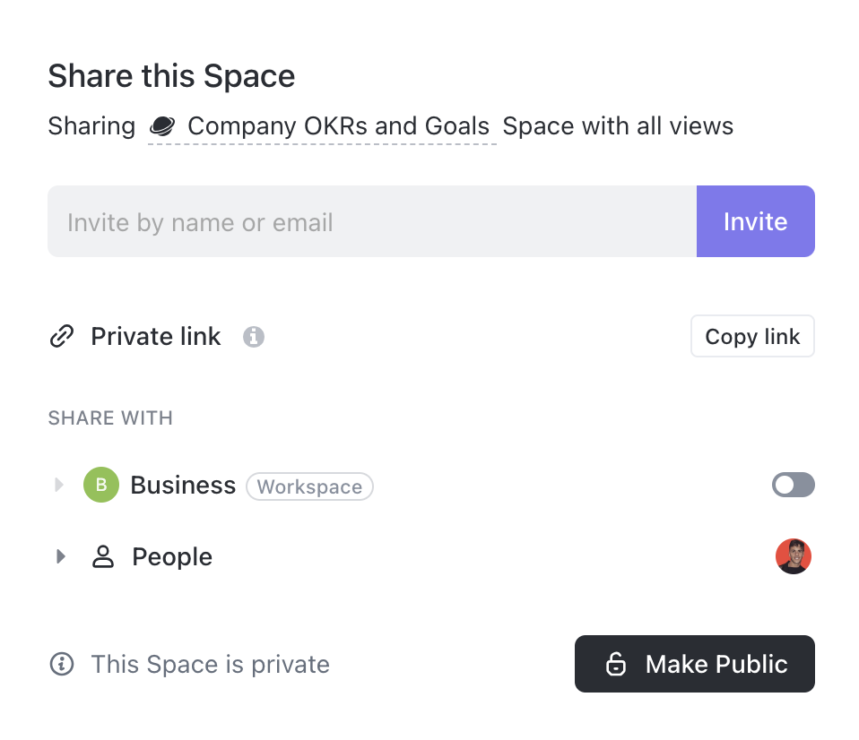 Screenshot of the Share this Space modal with the Make Public button selected.