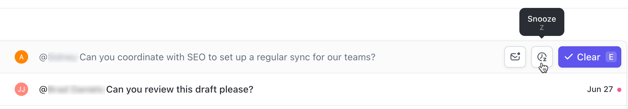 Screenshot of the Inbox, highlighting the Snooze button.