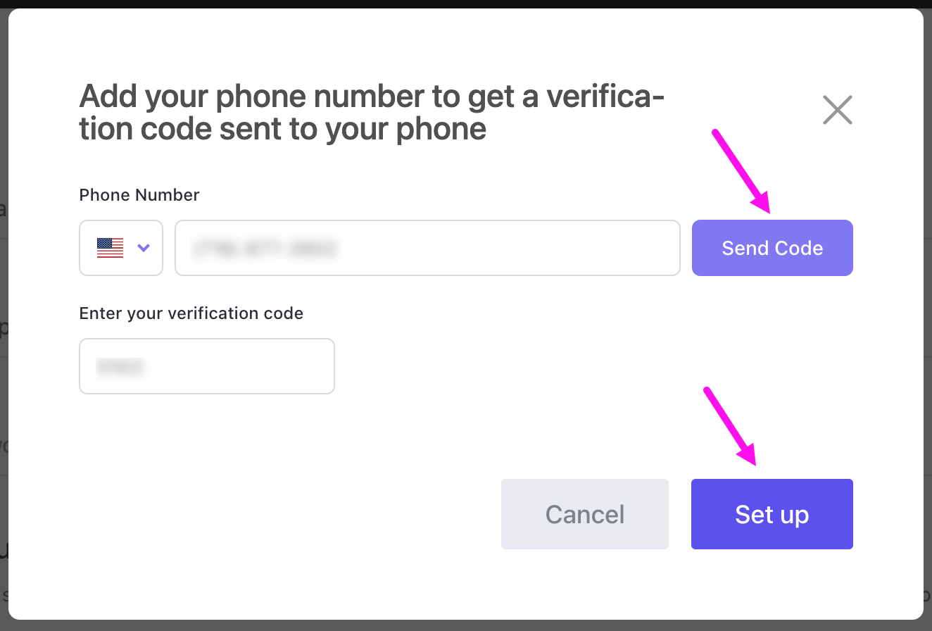Screenshot of the modal where you enter your phone number, click Send Code, enter the verification code texted to your phone, and click Set up.
