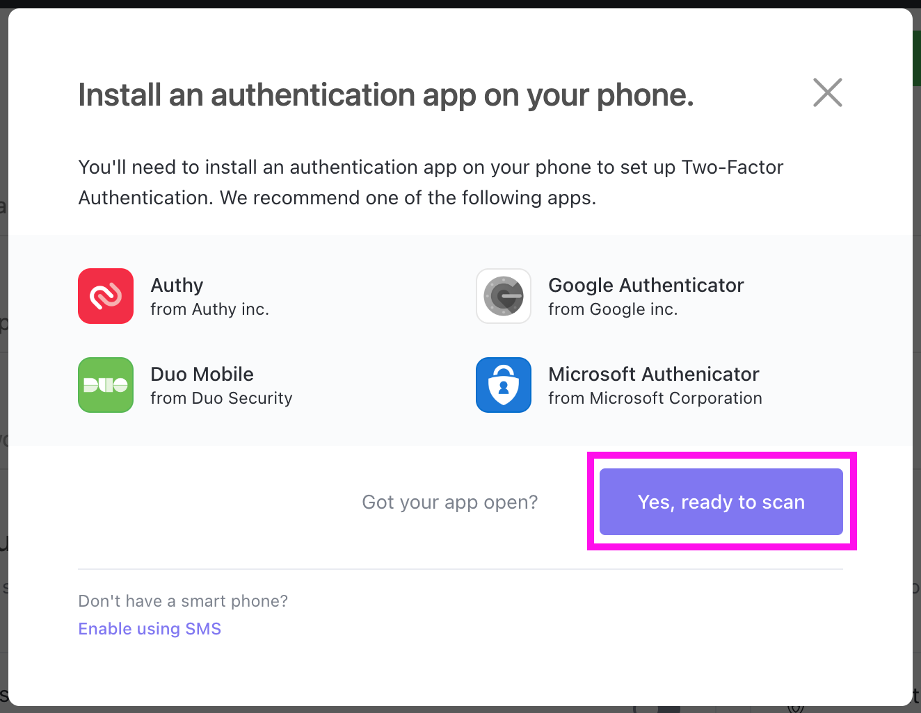 Screenshot of the prompt to install an authenticator app on your phone, open your authenticator app, or switch to SMS if you don't have a smartphone.