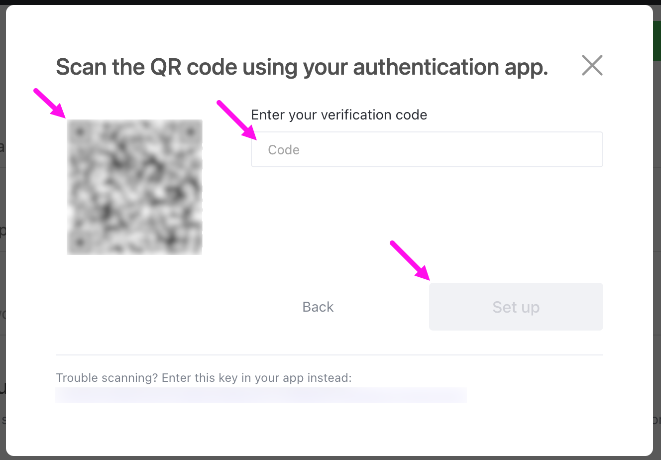 Screenshot of the QR code modal where you can scan a QR code using your authenticator app.