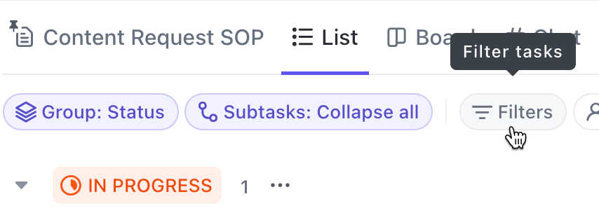 Screenshot of the Filters button located below the Views Bar in line with Group, Me mode, and Assignees.
