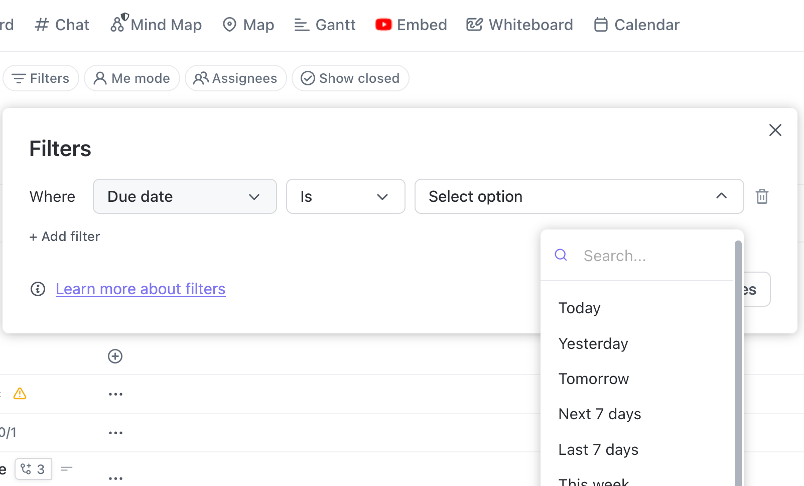 Screenshot of the first set of filters.
