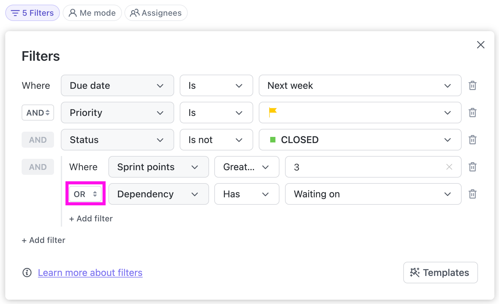 Screenshot of the +Add filter button with all of the example filters set.