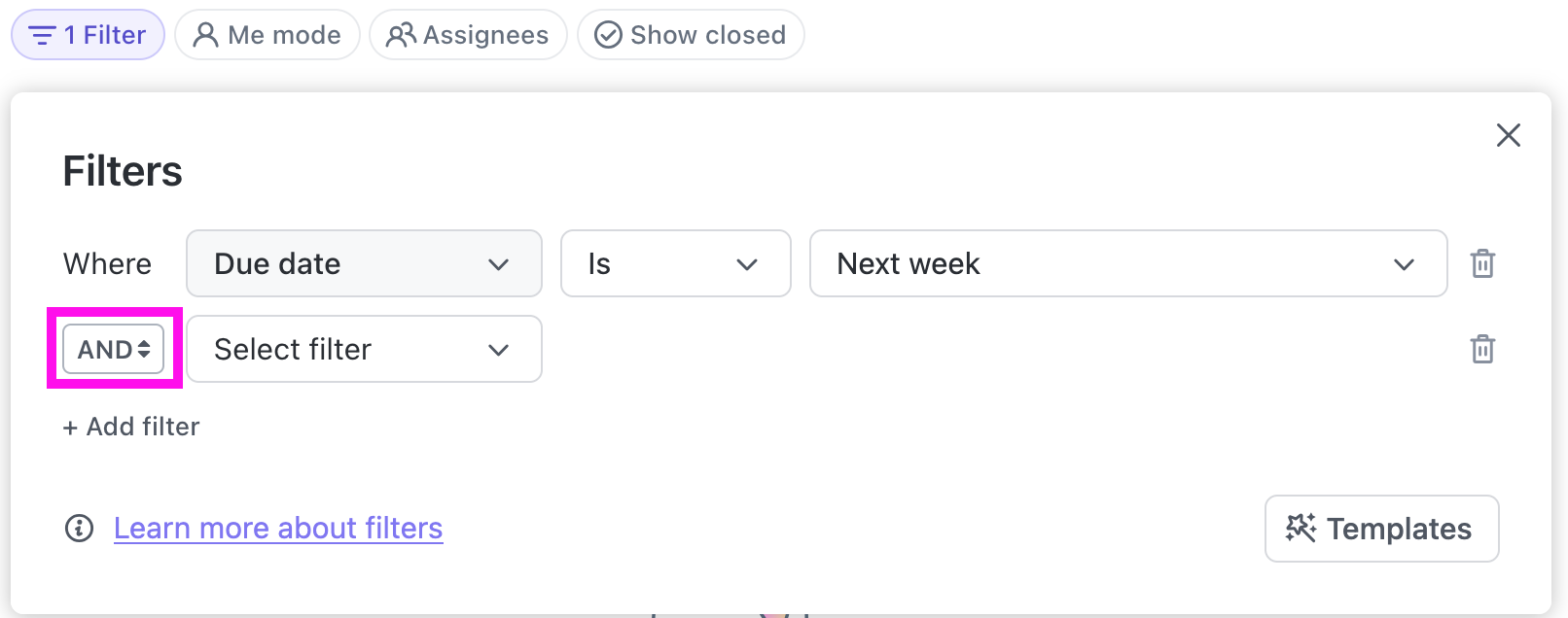 Screenshot of the And/Or switcher  with all of the example filters set.