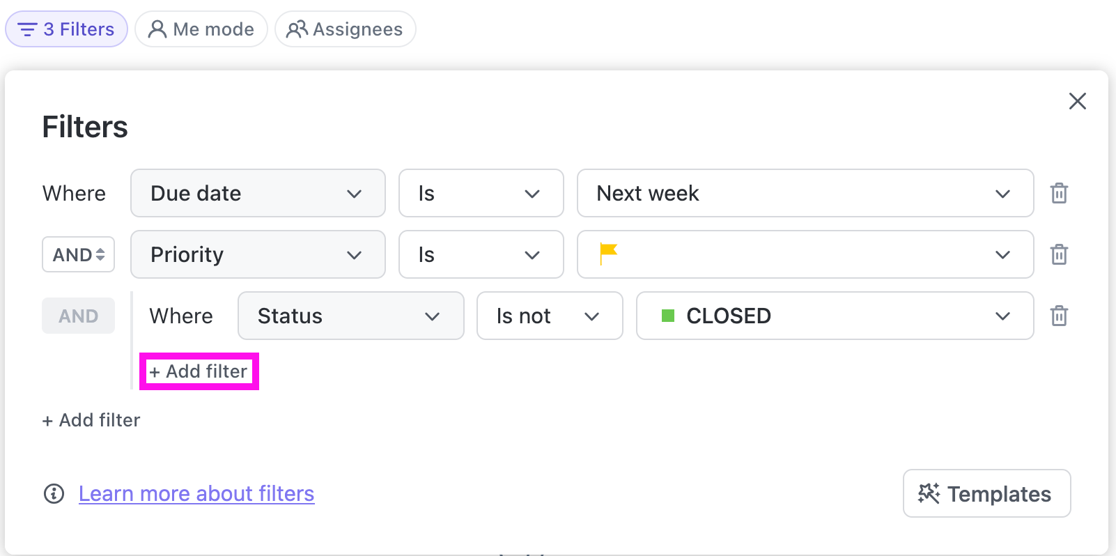 Screenshot of the +Add filter button  with all of the example filters set.