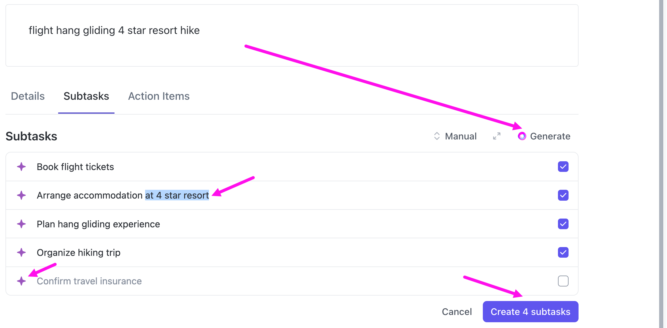 Screenshot of the Subtasks section of a task. The Generate button has been clicked. Five subtasks are generated. One is being edited. One is deselected. An arrow points to the Create subtasks button.