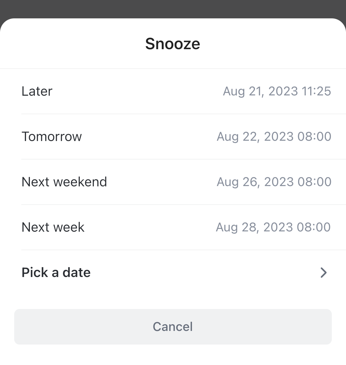 Screenshot of someone snoozing a notification.