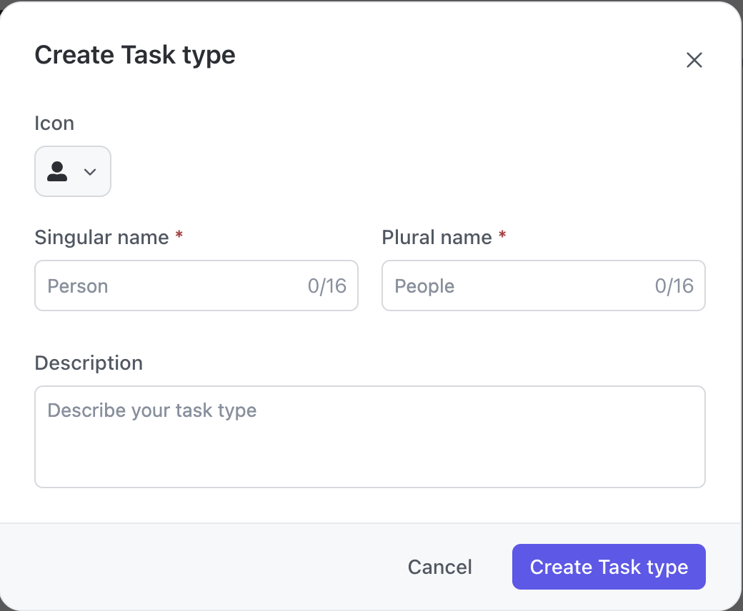Screenshot of the create task type modal.