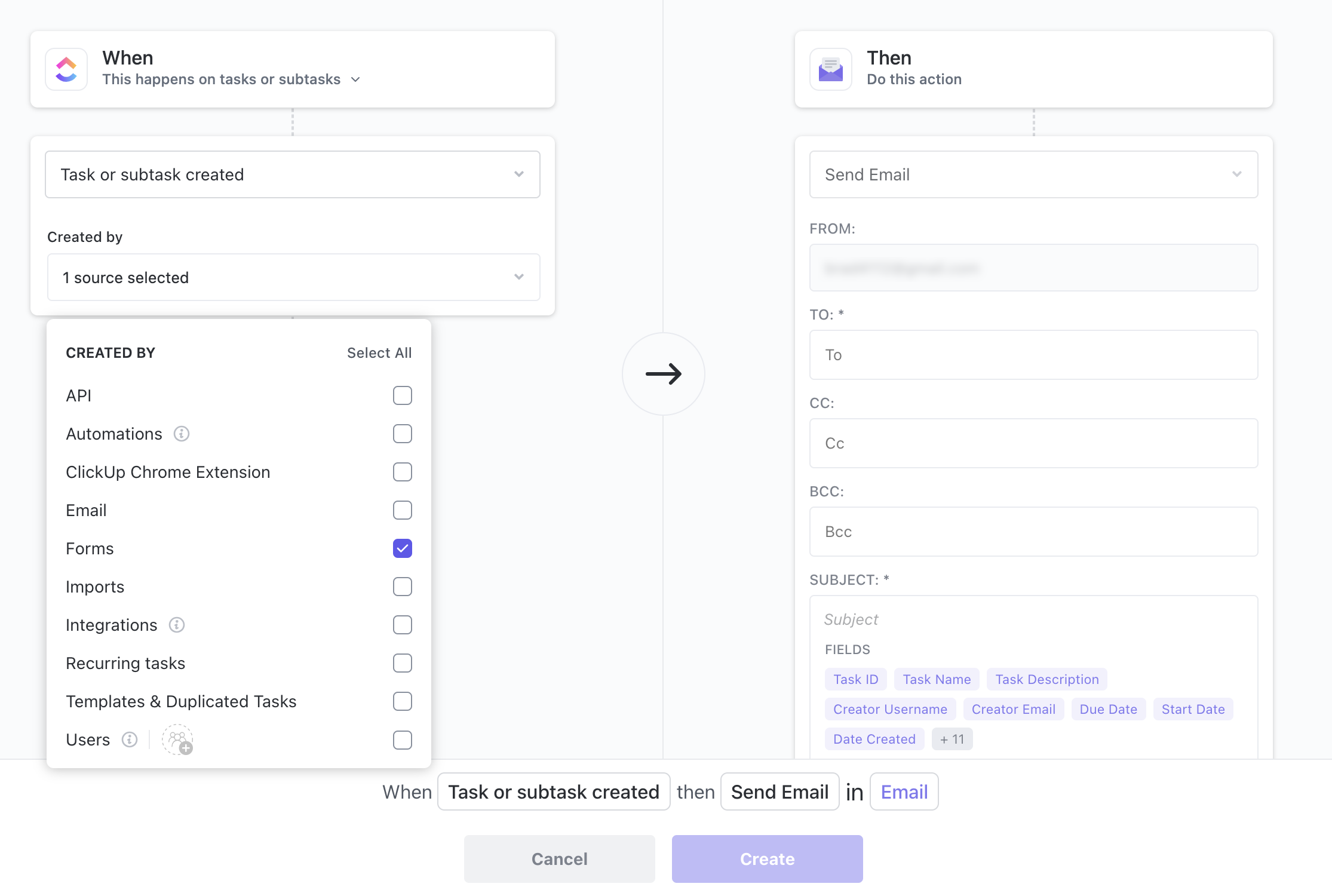 Screenshot of an Automation that sends an email when a Form creates a task.