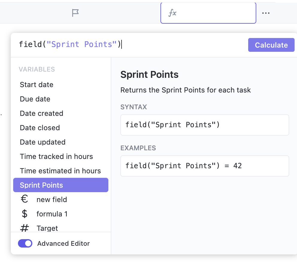 Screenshot of an advanced Formula using Sprint Points.