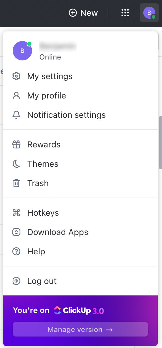 Screenshot of Account settings at the top right in the toolbar. 