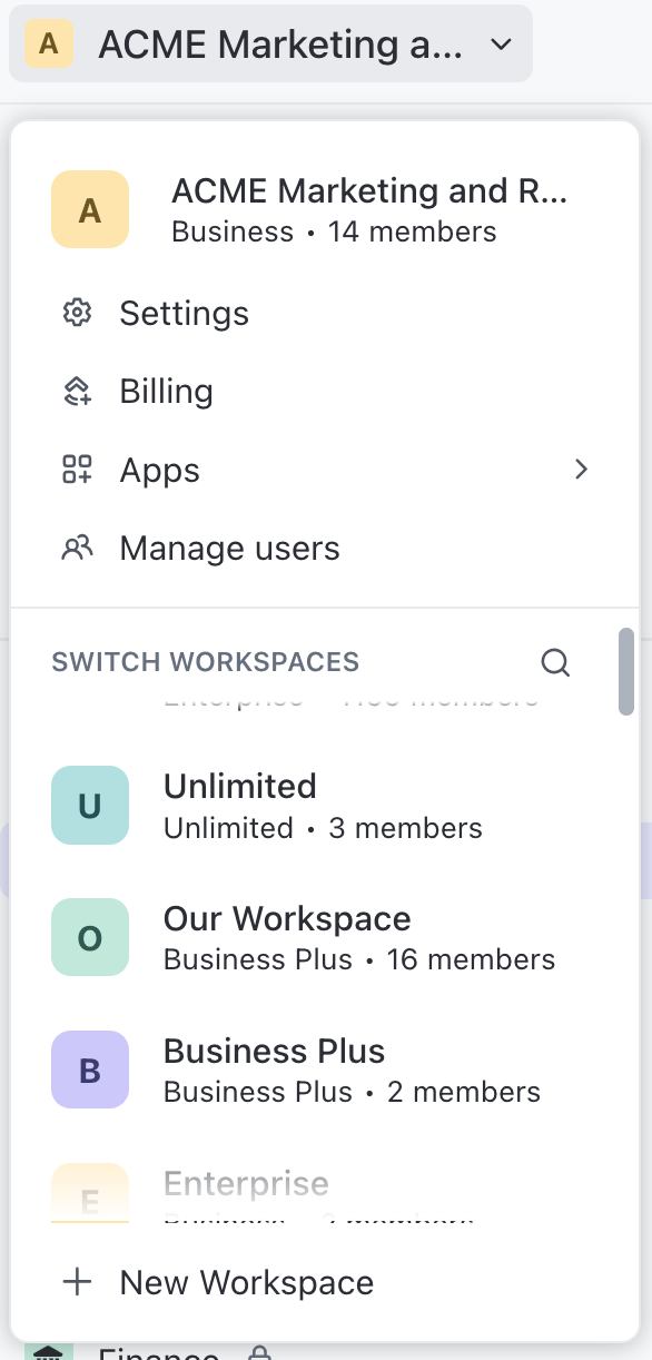 Screenshot of Workspace settings at the top of the Sidebar.