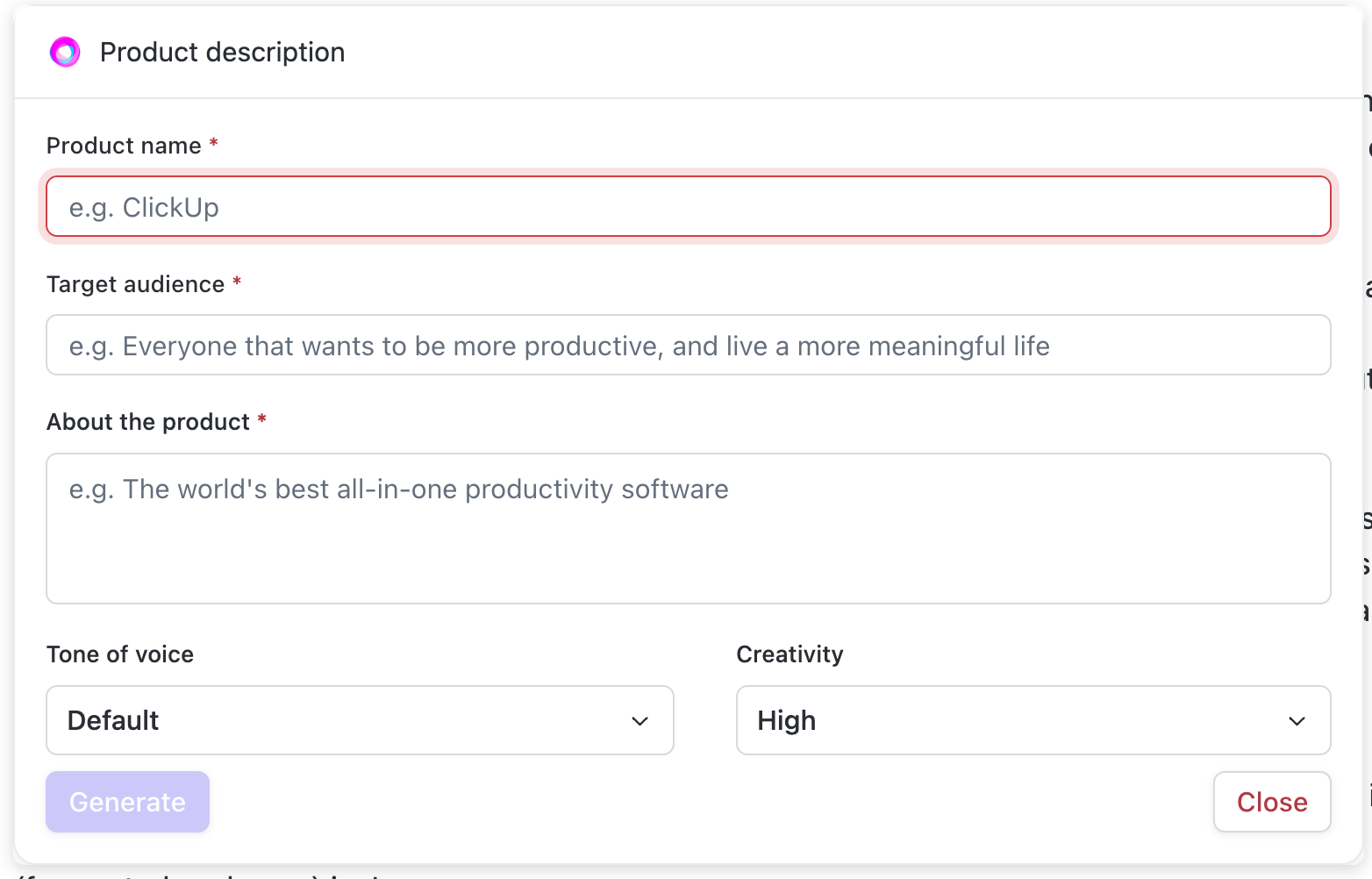 Screenshot of a ClickUp AI Tools modal, which will generate a product description.