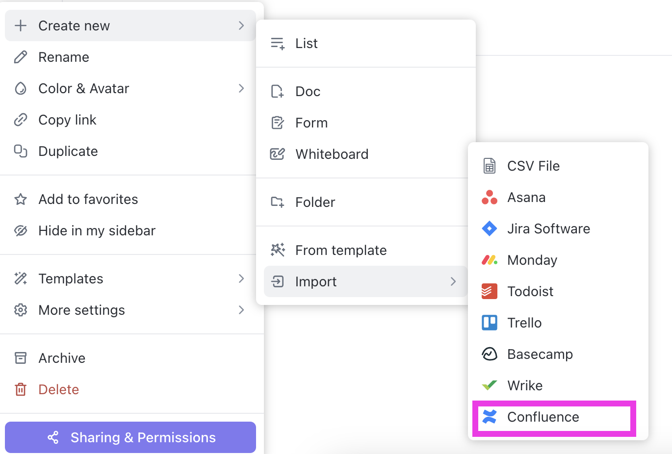 Screenshot of someone starting a Confluence import while creating a Space in the Sidebar.png