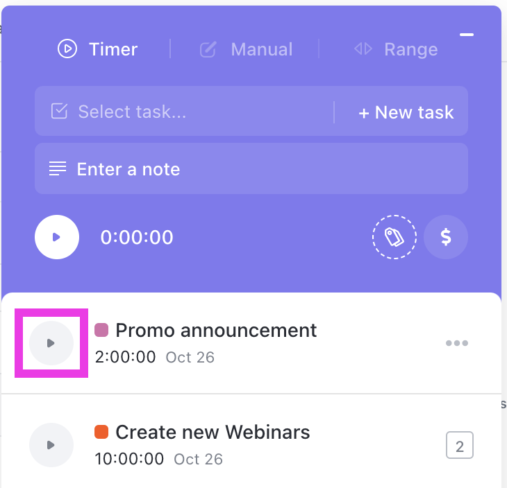Screenshot of the start button next to a time entry in the time tracking modal.png