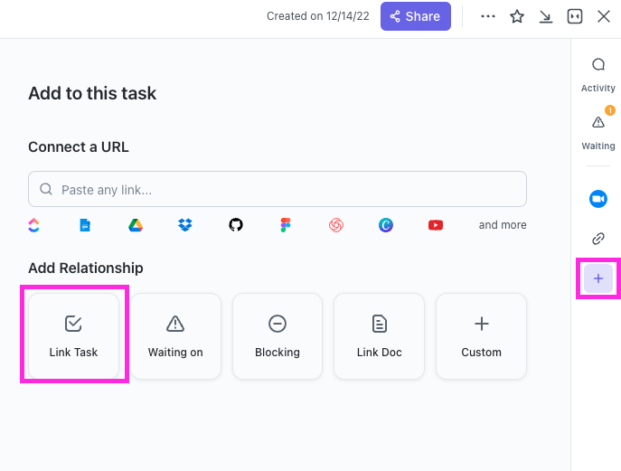 Screenshot of creating a Relationship in ClickUp 3.0.