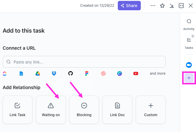 Screenshot of creating a Dependency Relationship in ClickUp 3.0