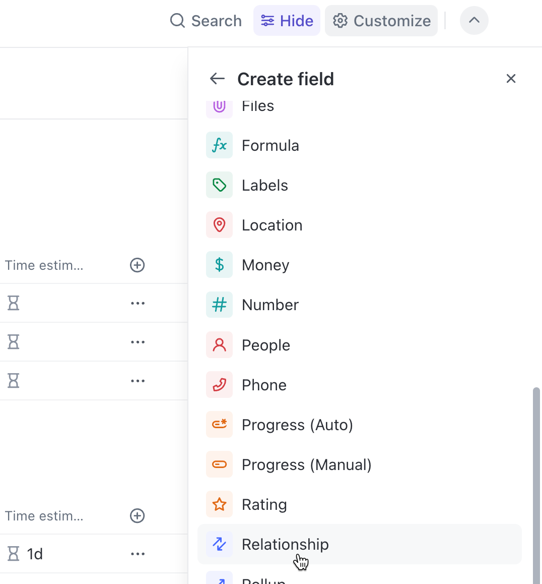 Screenshot of adding a Relationship Field in List View.