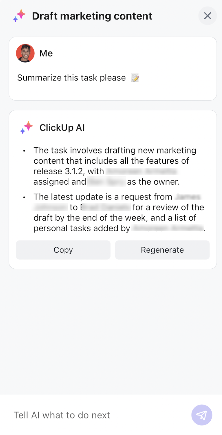 Screenshot of someone summarizing a task in ClickUp mobile 3.0 using AI..png