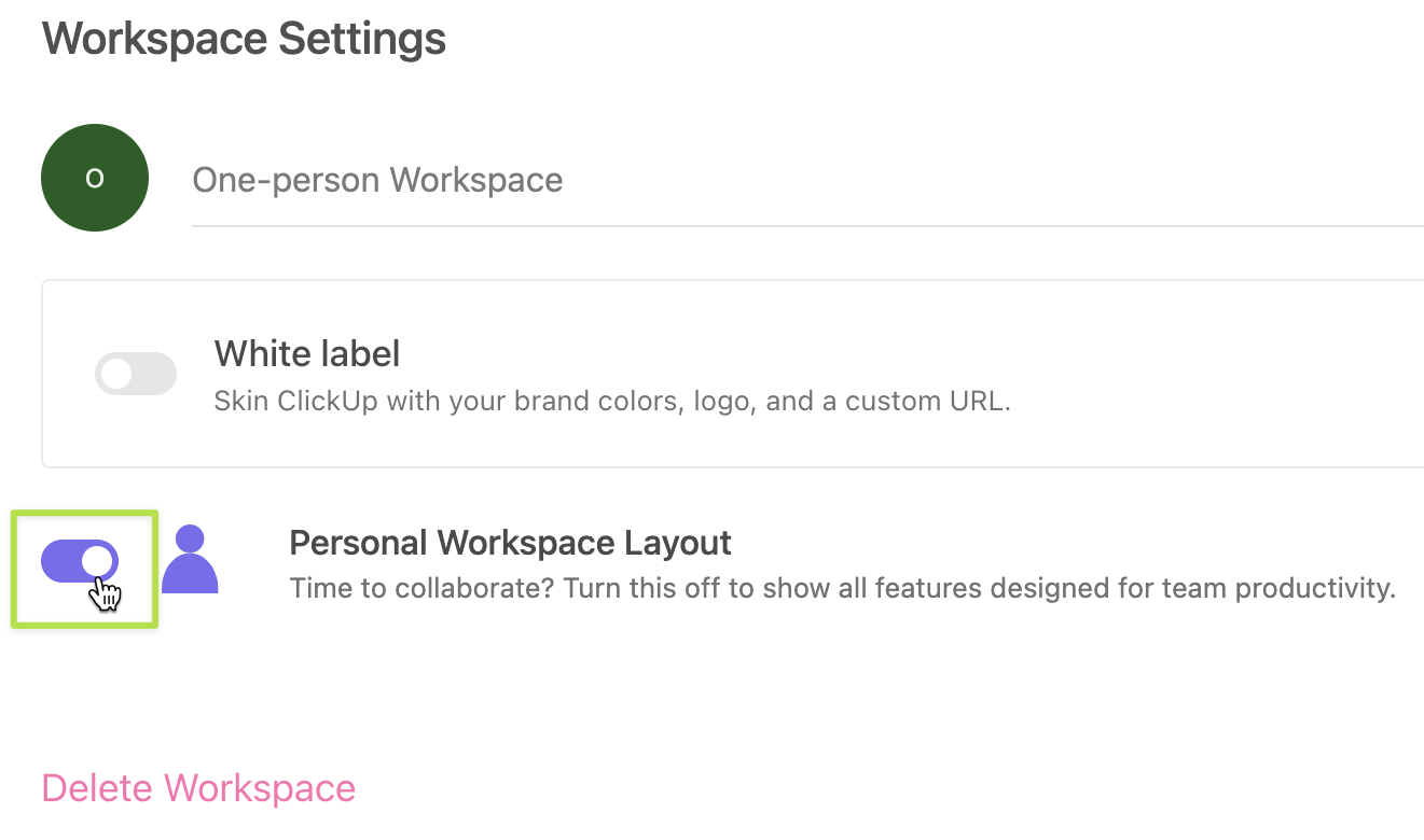 Screenshot showing how to enable a multi-person Workspace in Workspace settings.
