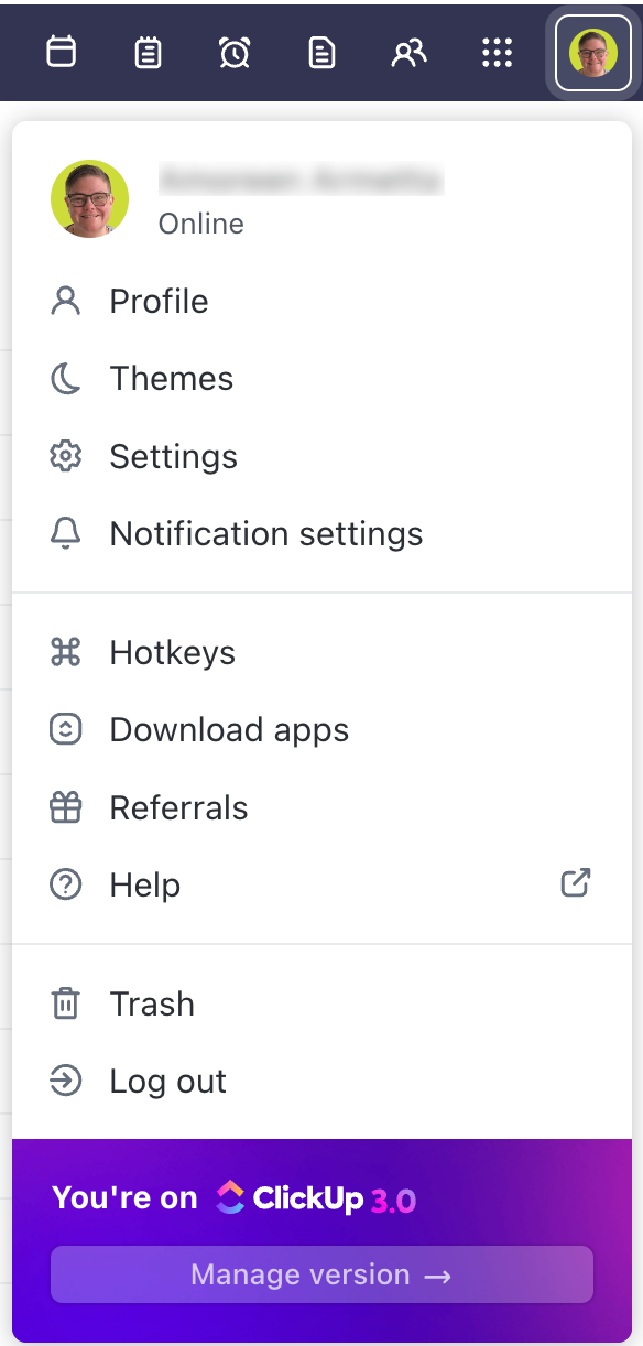 Screenshot of an account settings menu in ClickUp 3.0.