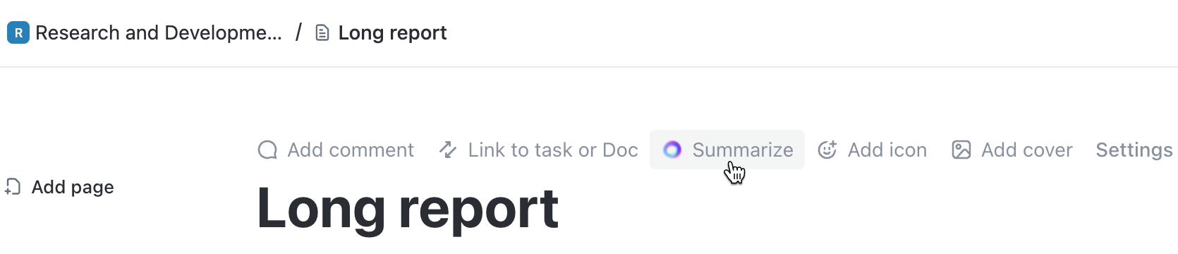 Screenshot of a Doc being summarized using ClickUp AI.