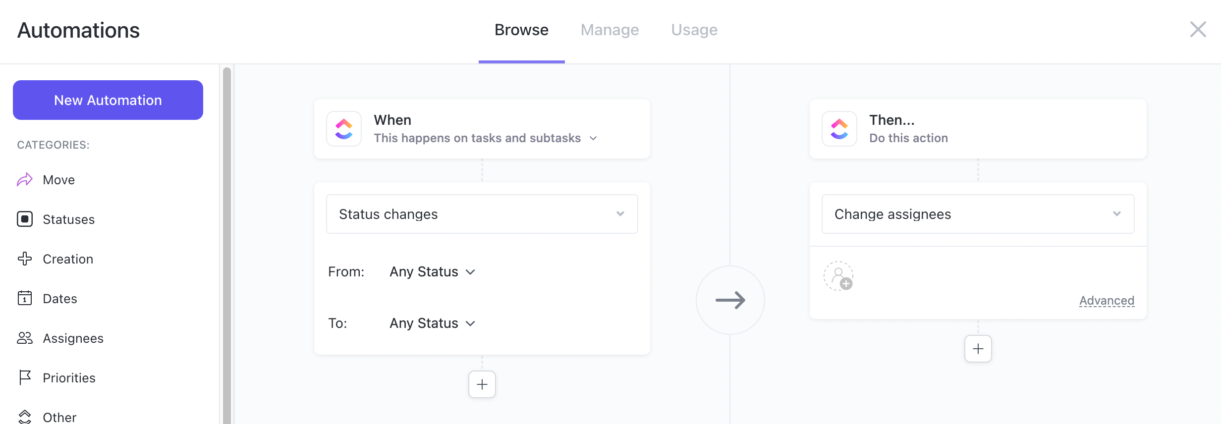 Image of the Automations menu in ClickUp